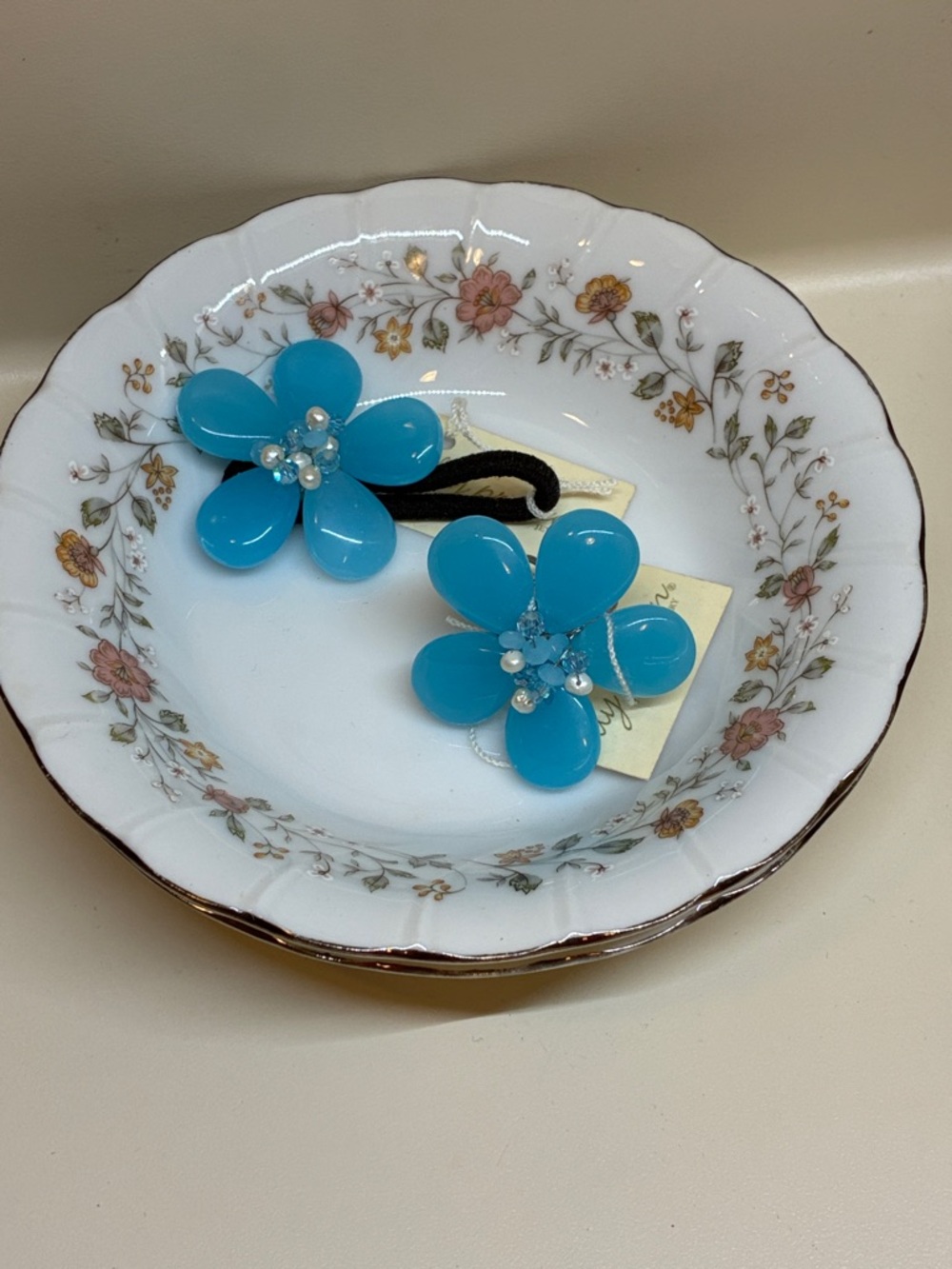 Pearl and Blue Beaded Ring & Hair Tie Set by elly preston